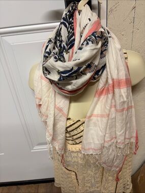 LOFT White Scarf with Navy Floral and Coral Stripe Accents